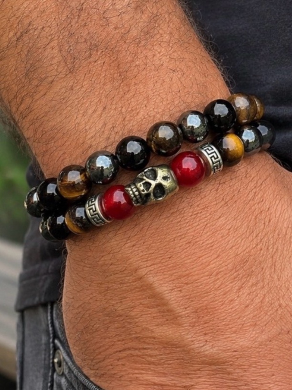 Genuine Tiger's Eye and Red Bead Skull Bracelet set